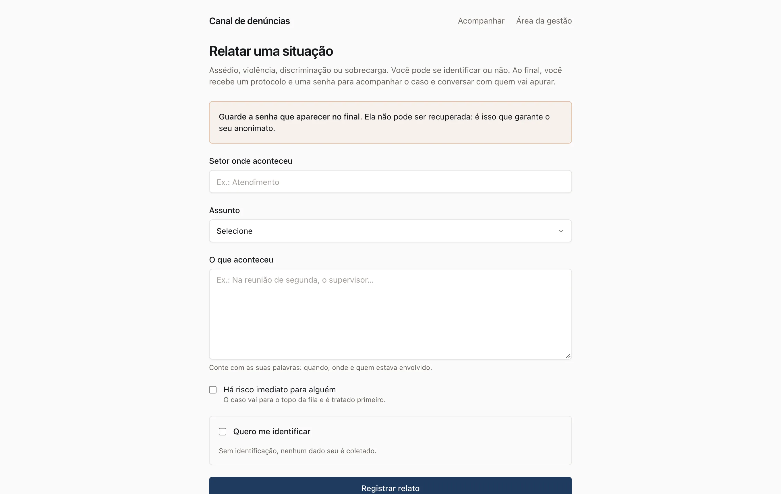 Formulário público do canal de denúncias